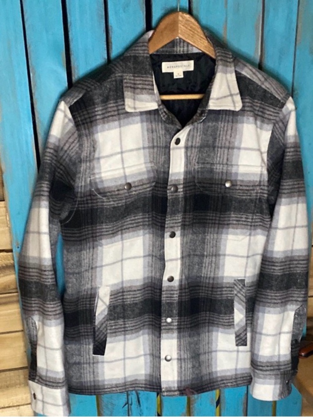 Aeropostale Black and White Plaid Jacket size medium snap up quilted lining